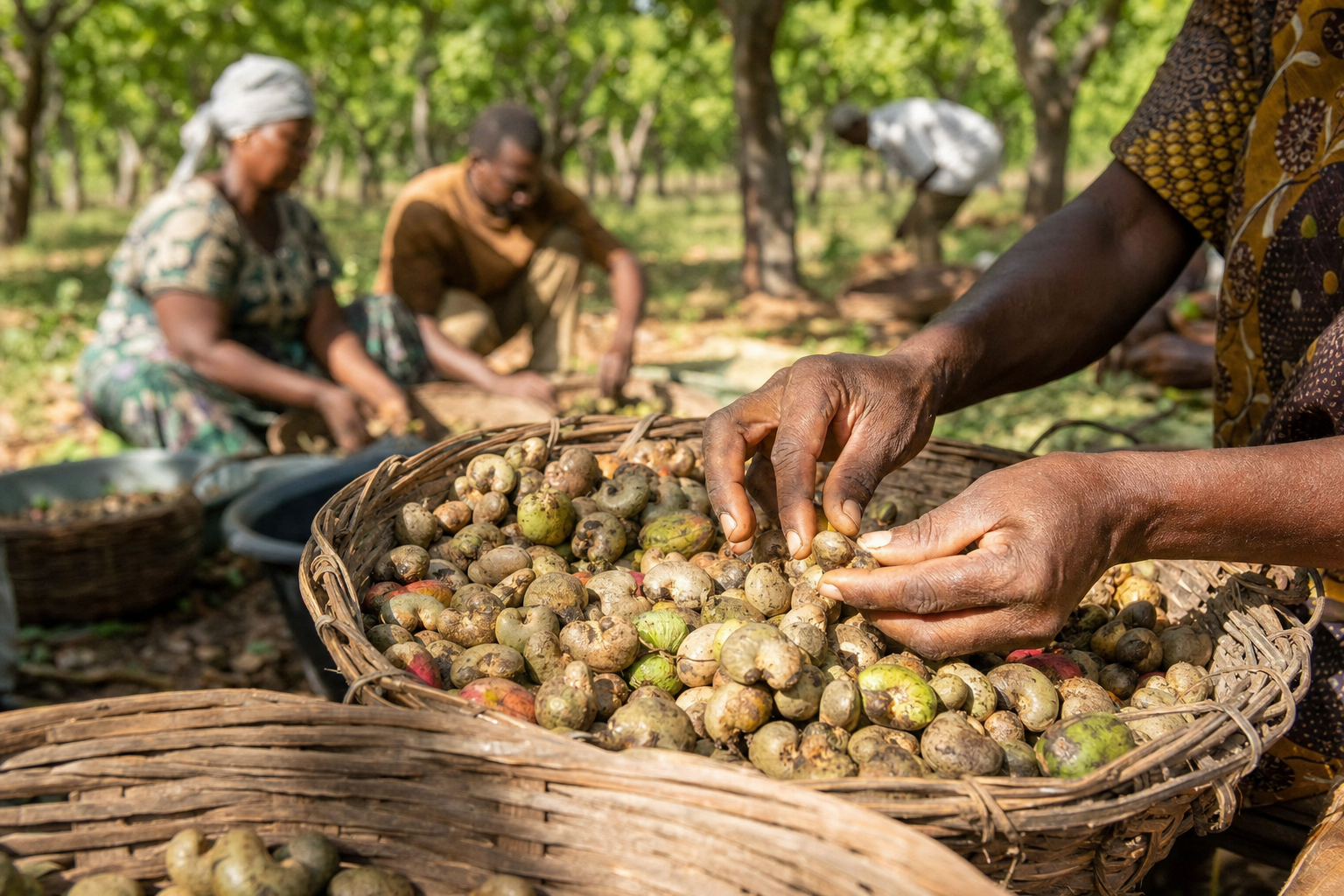 Cashew farmers sorting harvest in West Africa