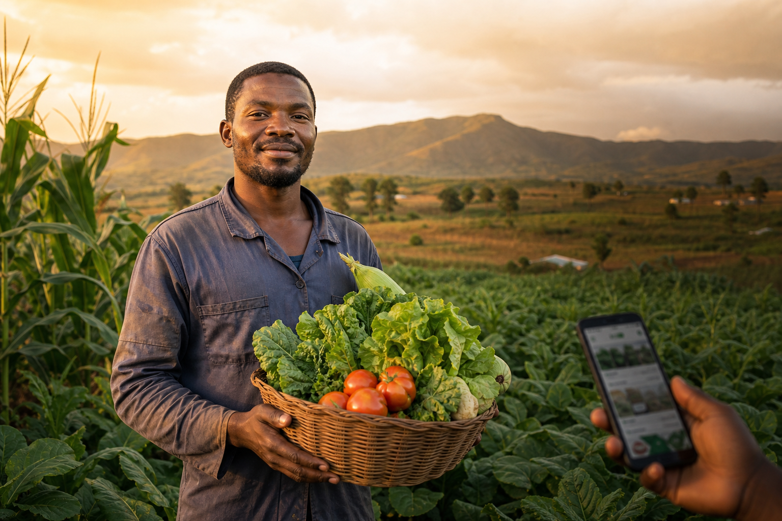 African farmer with fresh harvest at golden hour, representing Gonana agritech marketplace